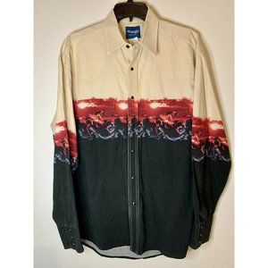 Vintage WRANGLERS Mens Large HORSE/SUNSET Denim Western SNAP Long Sleeves Shirt